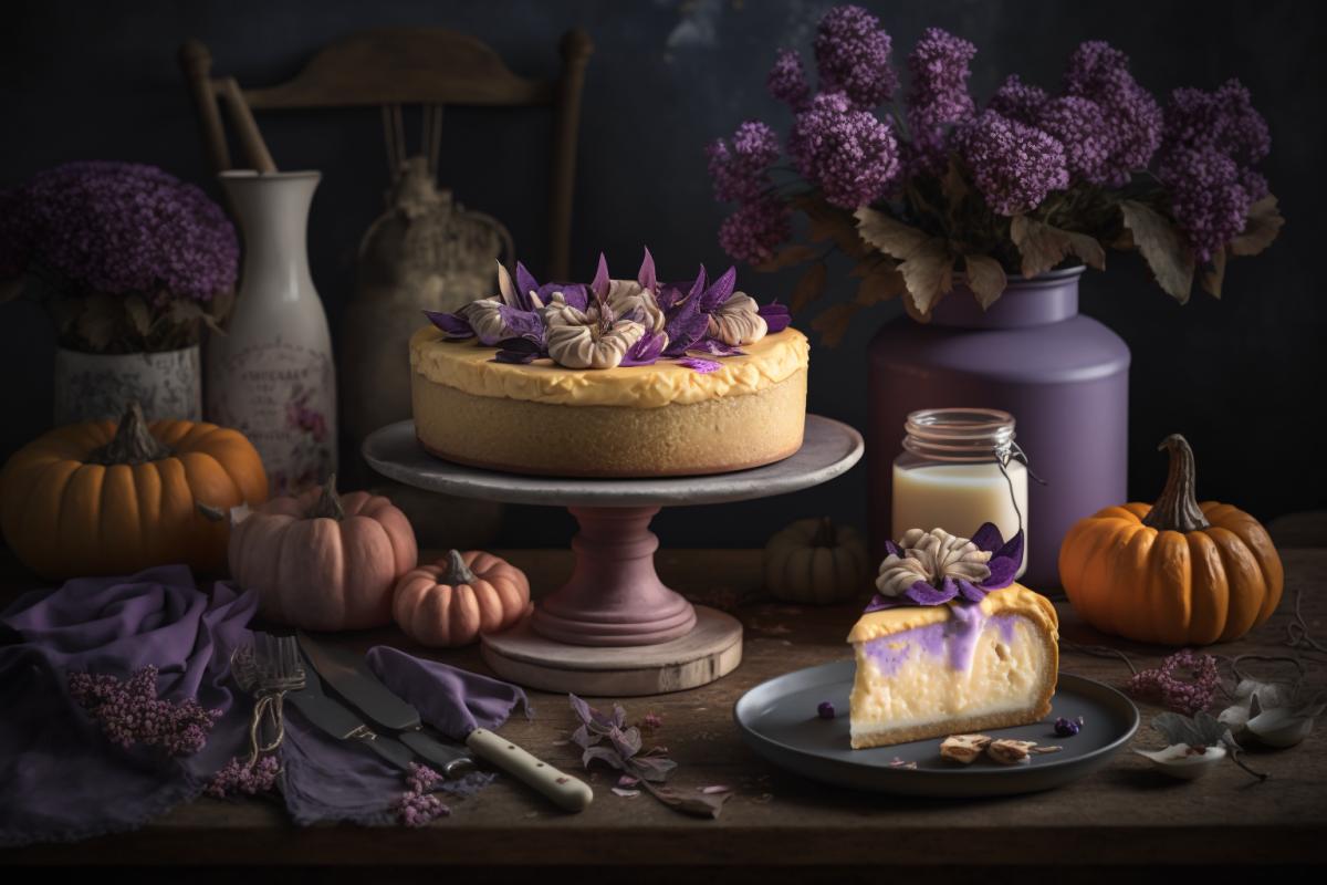 Recipe magazine photo, White Chocolate Pumpkin Cheesecake, in a scandi kitchen setting, scandicore, farmcore, vibrant violet, bright light, fall, professional food photography, realistic, depth of field, highly detailed, 8k, no blur, use a Nikon D850, 50mm, ISO 100, F4 camera with a 200mm lens