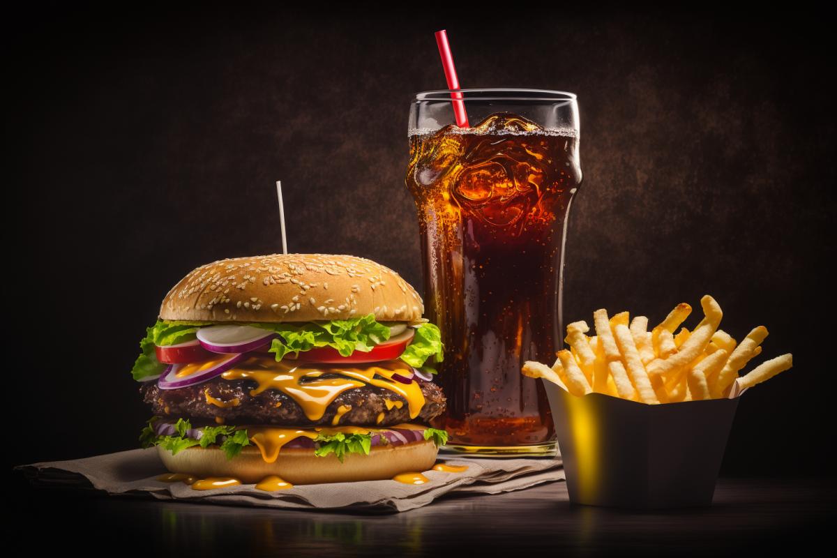 Professional photo of Hamburger fast food meal served with french fries, soda drink, ketchup and mustard. Fast Food Collection, 32k
