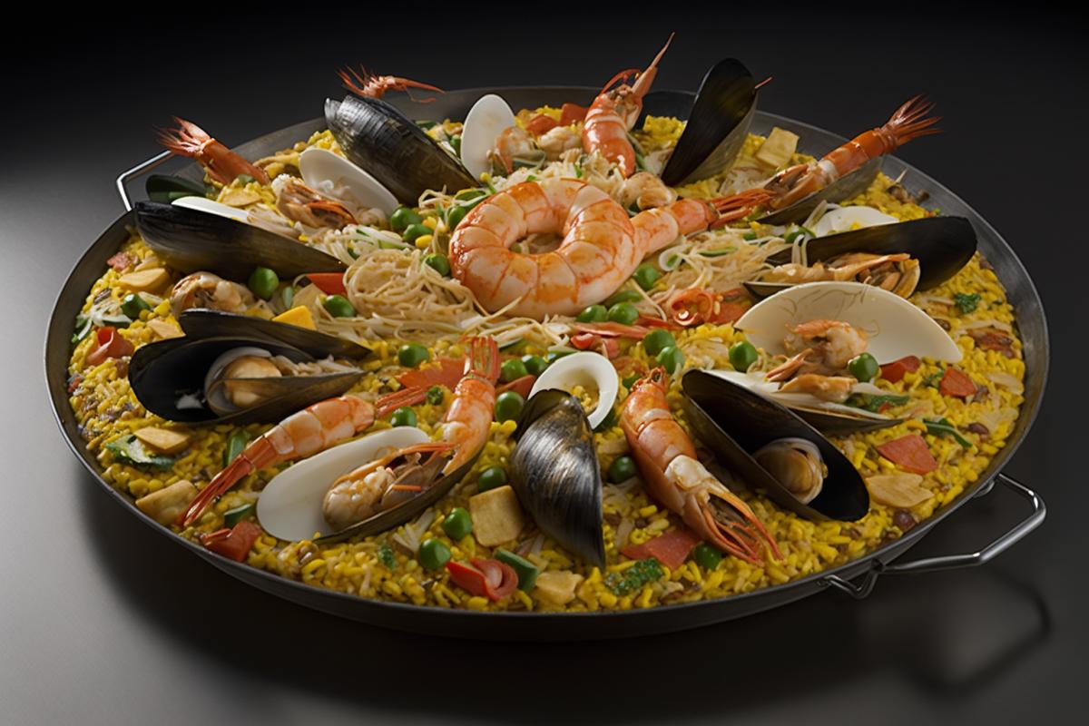 A stunning image of a seafood paella, with mussels, clams, prawns, and squid, cooked with saffron rice and vegetables.