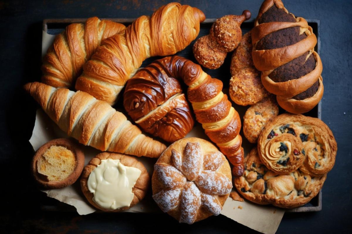 Photo of A variety of croissants arranged on a platter with different fillings and shapes, such as a croissant aux amandes or croissant jambon fromage