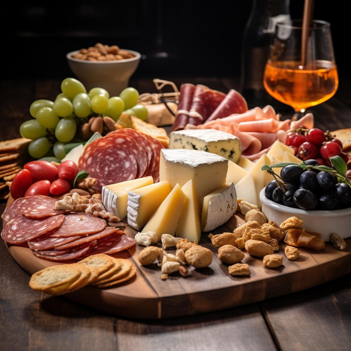 charcuterie board with cheeses and meats, professional food photography style, Nikon D7200 35mm 45 degree angle, depth of field f 4/5 v 5