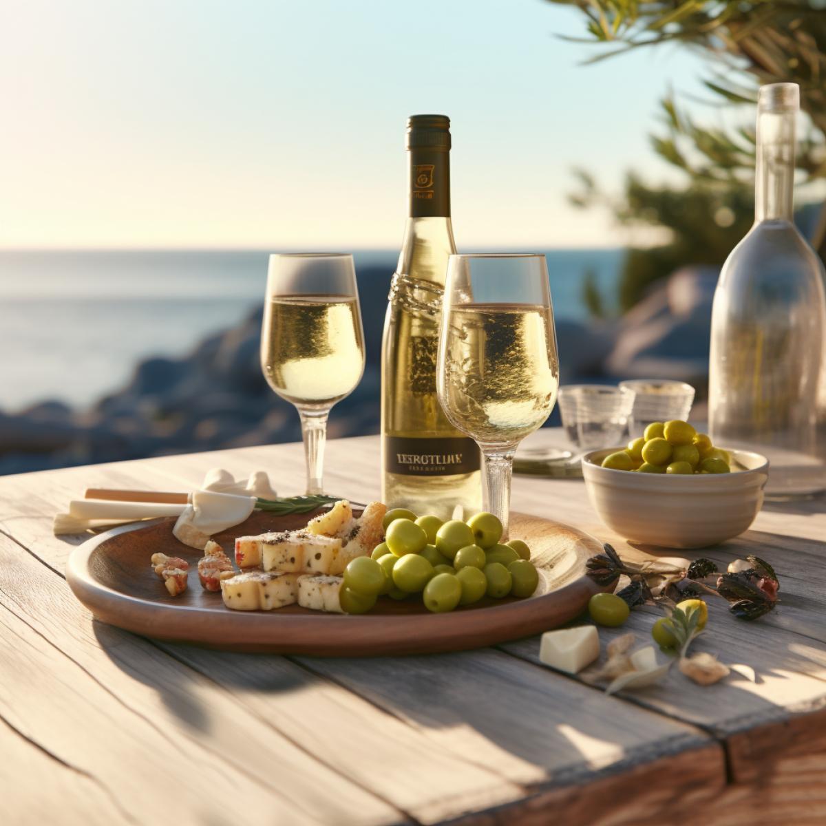 close shot of prosecco bottle olives and cheese canape on the wood table, light summer sea blured background, photorealistic, cinematic com4k, cinematic high detail, ultra realistic, cinematic lighting, Shot on 50mm lense, Ultra- Wide Angle, Depth of Field, hyper-detailed, beautifully color-coded, beautifully color graded, Unreal Engine, Cinematic, Color Grading, Editorial Photography, Photography, Photoshoot, Shot on 70mm lense, Depth of Field, DOF, Tilt Blur, Shutter Speed 1/1000, F/22, White Balance, 32k, Super-Resolution, Megapixel, ProPhoto RGB, VR, Lonely, Good, Massive, Halfrear Lighting, Backlight, Natural Lighting, Incandescent, Optical Fiber, Moody Lighting, Cinematic Lighting, Studio Lighting, Soft Lighting, Volumetric, Contre-Jour, Beautiful Lighting, Accent Lighting, Global Illumination, Screen Space Global Illumination, Ray Tracing Global Illumination, Optics, Scattering, Glowing, Shadows, Rough, Shimmering, Ray Tracing Reflections, Lumen Reflections, Screen Space Reflect