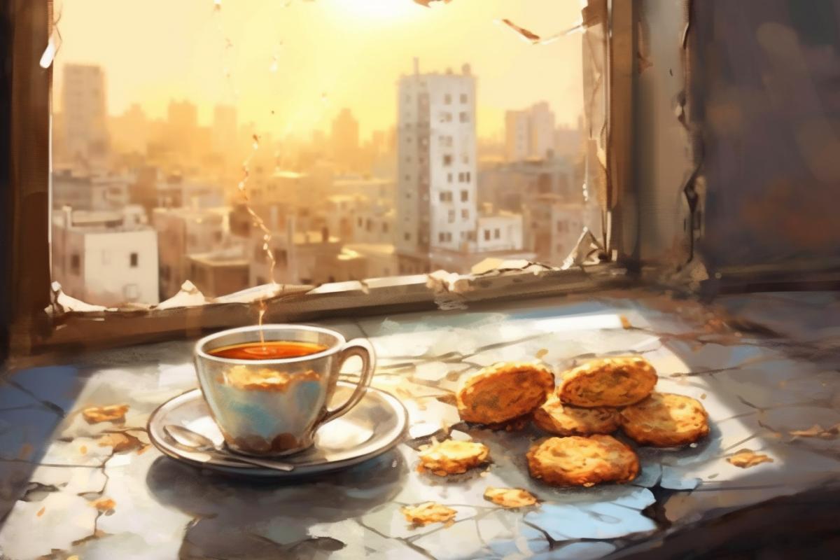 A saucer with a single cracker, two lumps of refined sugar, a glof herbal tea, on a table by a broken window, an illustration from a besieged hungry city