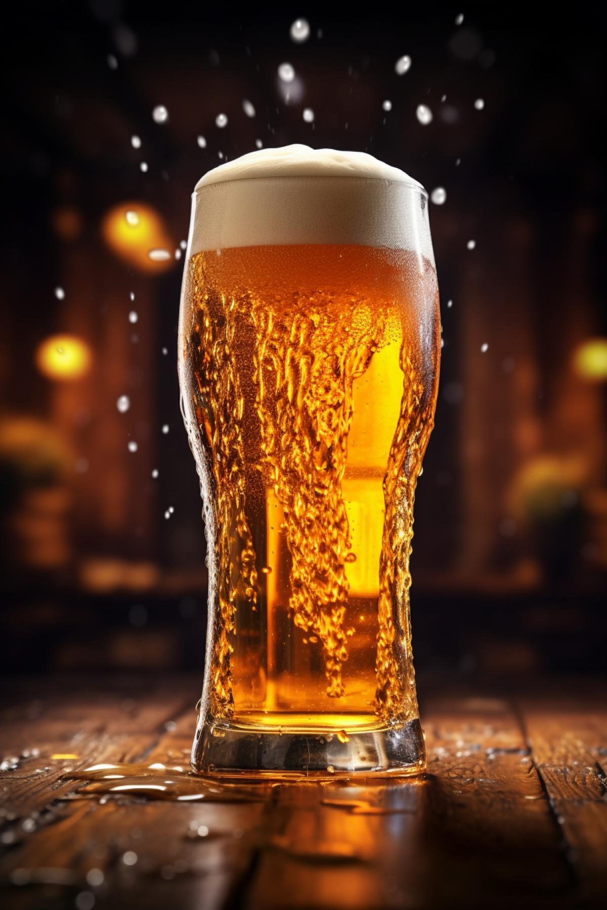 Advertising photography of a cold pint of beer, foam dripping down glass, in a pub, by Mauro Turatti, ultra-detailed, ultra-realistic, low angle, Canon 5D, DSLR, 50mm portrait, DOF, V-ray render, 8K, ray tracing, cinematic, studio, volumetric lighting, uplight, hard rim lighting, Photoshopped, Pinterest