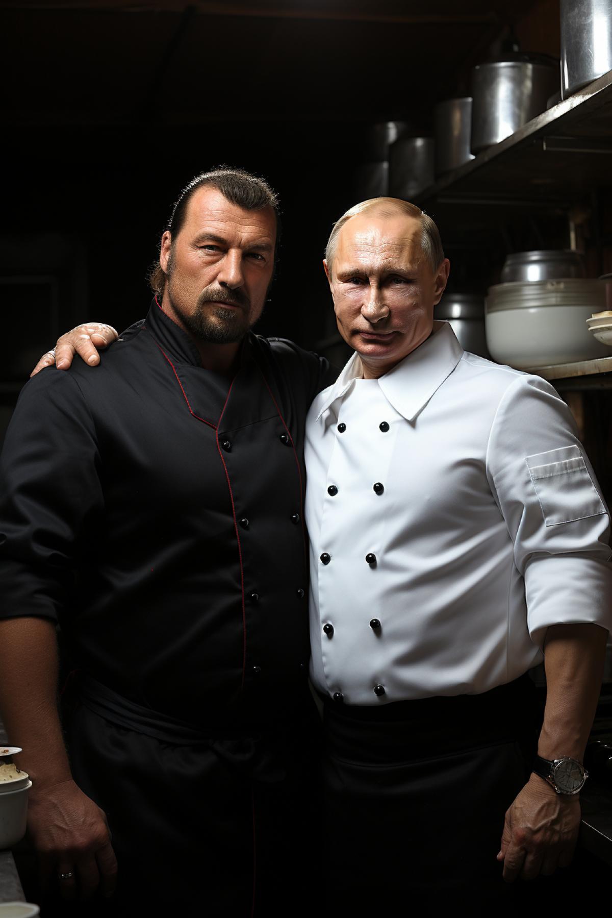 Steven Seagal in chef uniform standing with Putin