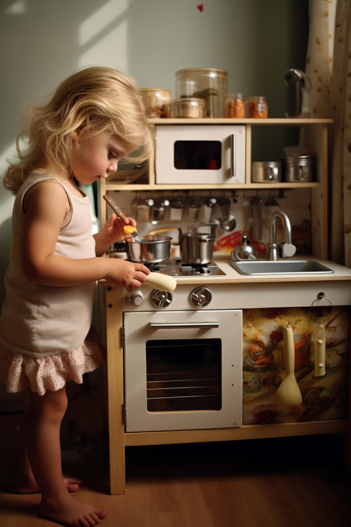 Little girl playing with childrens kitchen