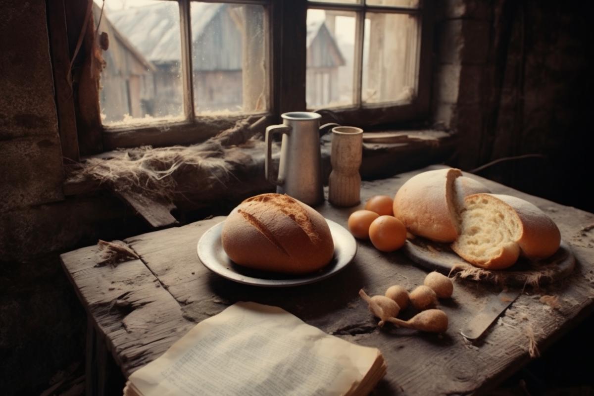 A crust of bread on a saucer, a dirty glof water, an egg lies on a table on a newspaper near a broken window, glfragments, food from a blockade during the war famine