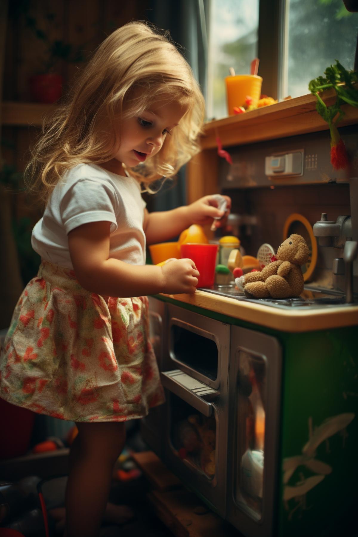 Little girl playing with childrens kitchen