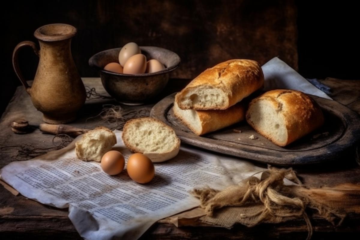 A crust of bread on a saucer, a dirty glof water, an egg lies on a table on a newspaper near a broken window, glfragments, food from a blockade during the war famine