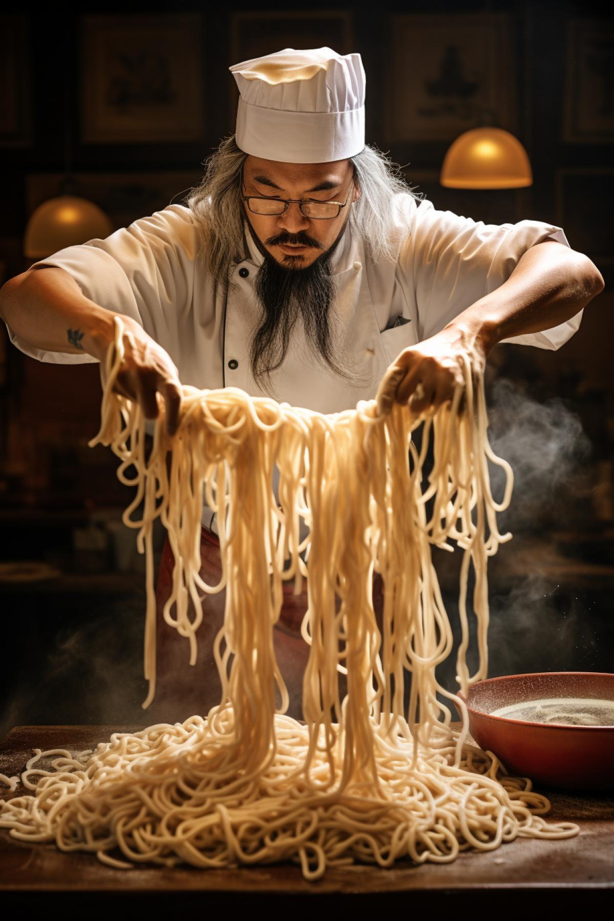 Chinese chef unwinds noodles with his hands