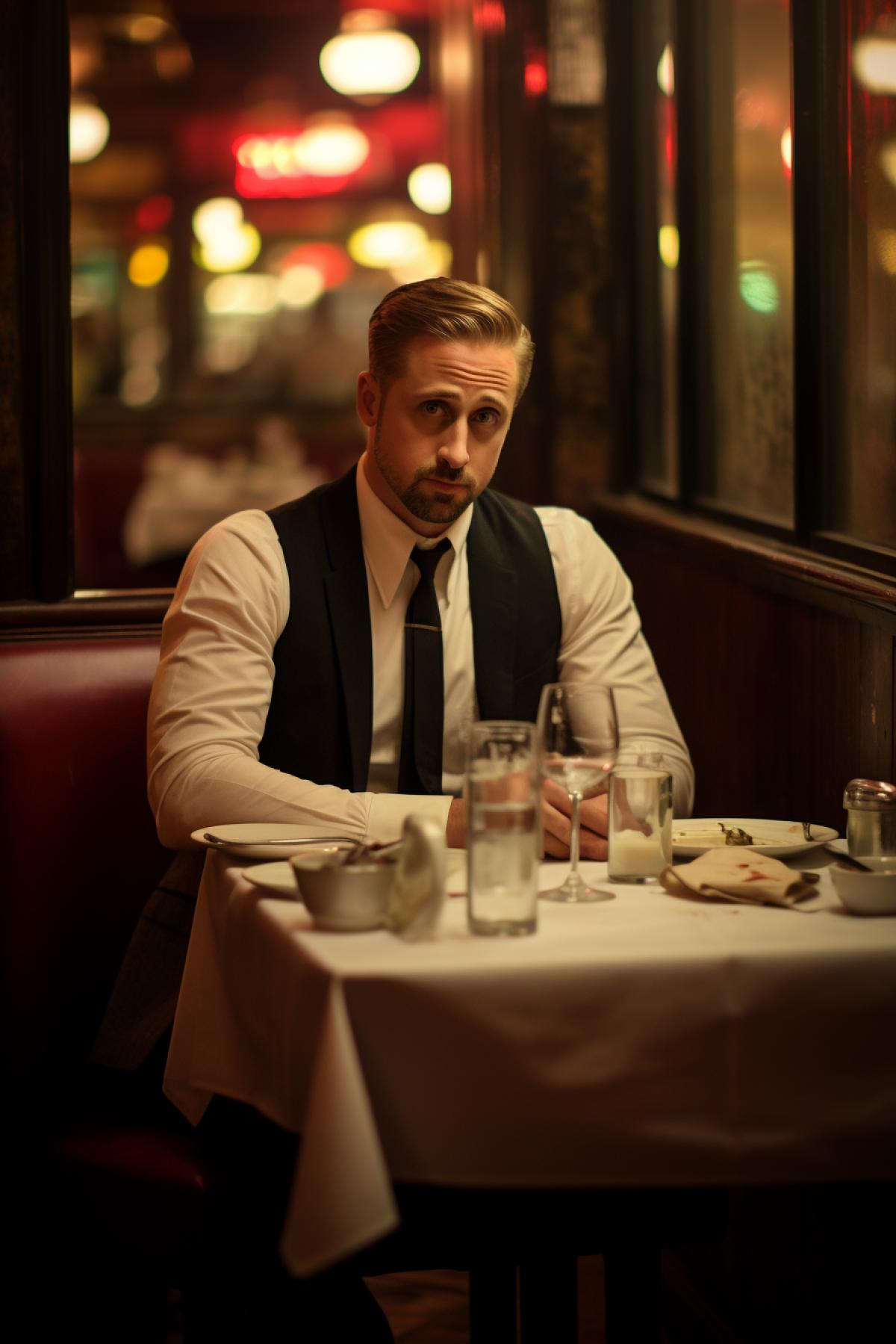 Ryan Gosling is having dinner in a restaurant, alone, sad