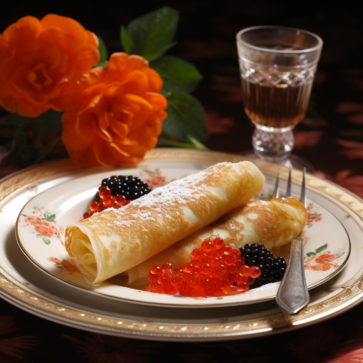 a small plate with Russian crepes on it with red caviar on it, in the style of sovietwave, stockphoto, rollei prego 90