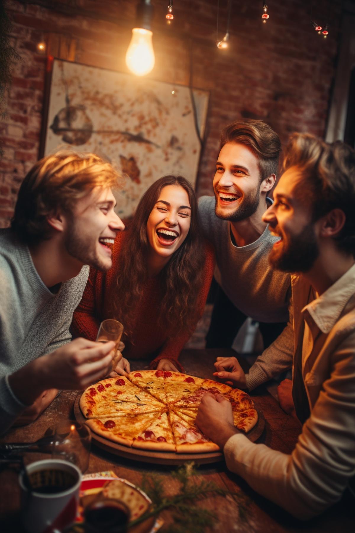 Big cheerful company of friends eating pizza