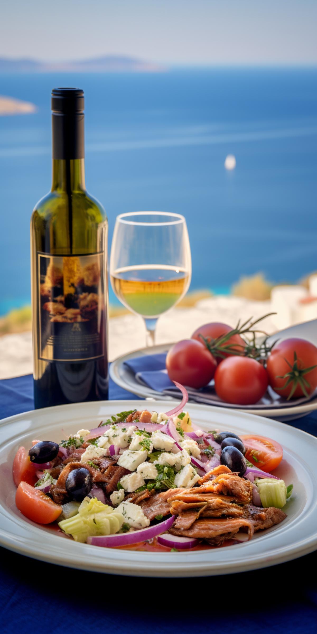 Food photo, delicious gyros with mediterranean flavors, greek salad, on the table with klein bottle bottle of white wine and glwith ouzo, greek sea on the background