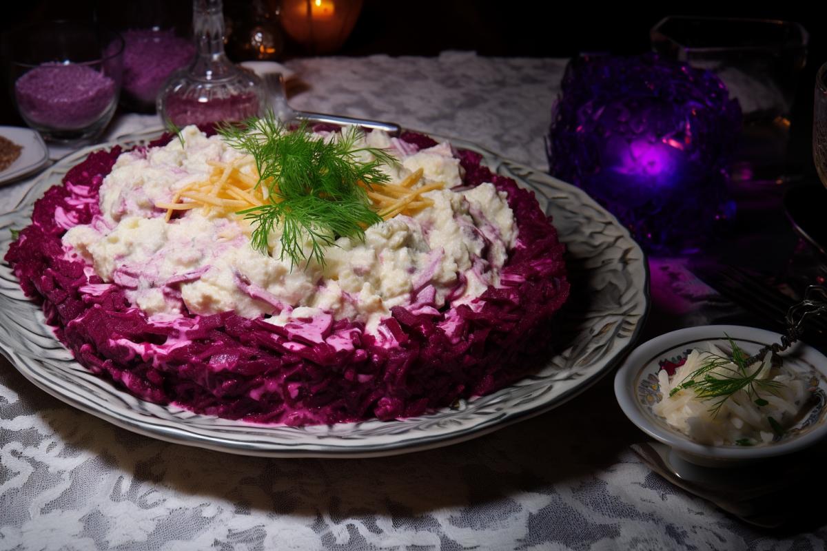 Dressed herring, colloquially known as herring under a fur coat, A final layer of grated boiled beetroot covered with mayonnaise is what gives the salad its characteristic rich purple color, in the style of sovietwave, professional food photography style, Nikon D7200 35mm 45 degree angle, depth of field f 4/5 v 5