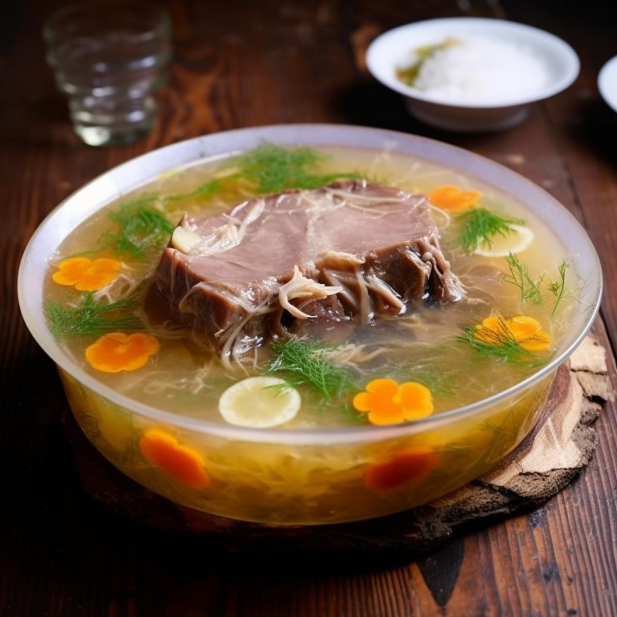 a dish of meat broth thickened to a jelly-like mfrom cooling with pieces of meat, served with horseradish and mustard.