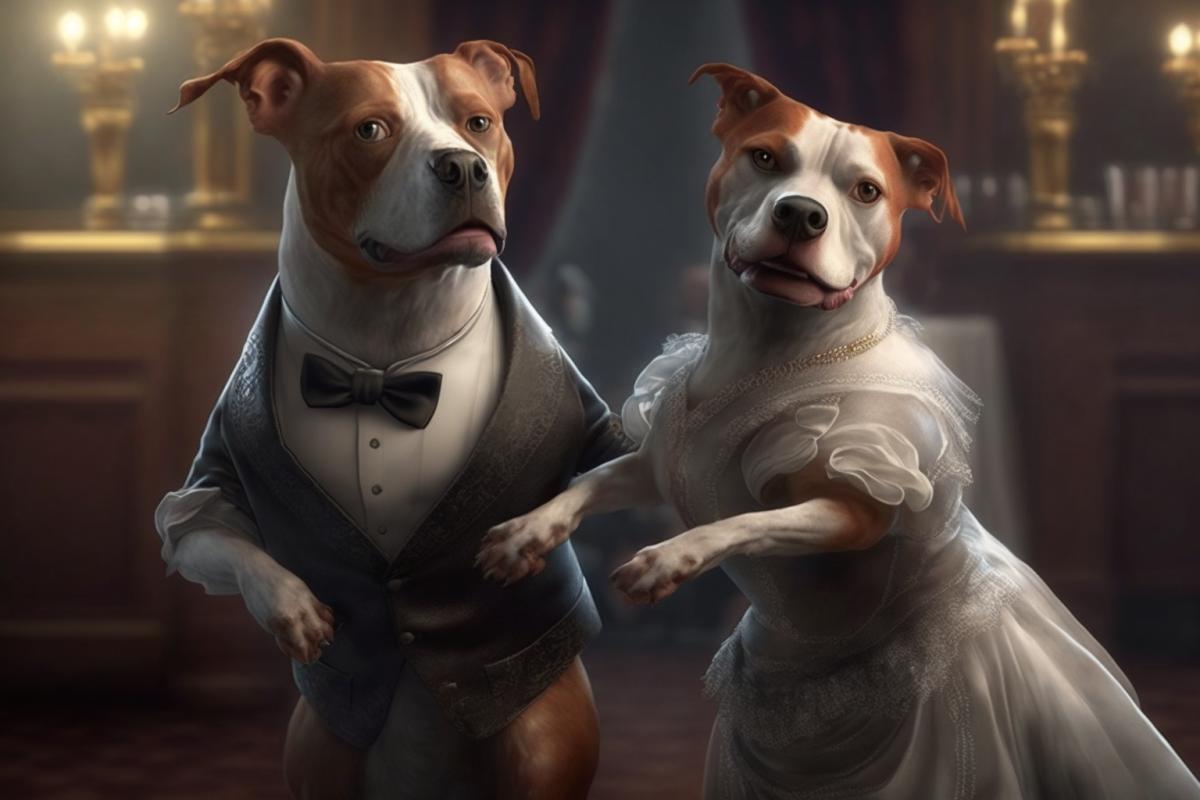 Elegant couples of dogs in suits and long dresses dance the waltz, masterpiece, cg, hdr, highdefinition, extremely detailed, photorealistic, epic, character design, detailed face, detailed UHD, realtime, 3D rendering, 8k