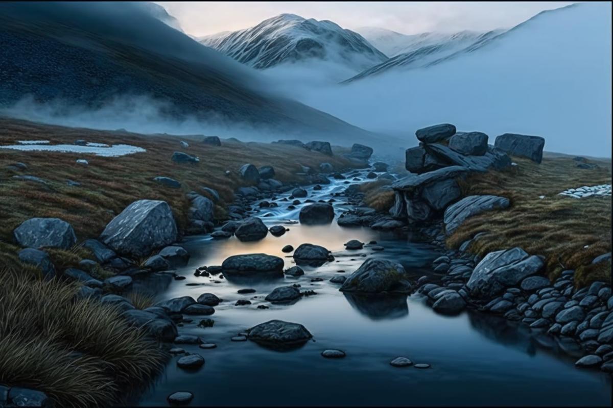Peaceful landscape, freshness, streams and mountains, fog at dawn
