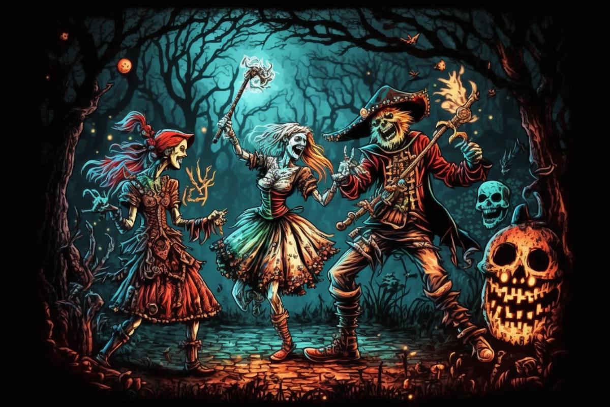 The witch, the forester and the jester are dancing in the forest among the cheerful zombies