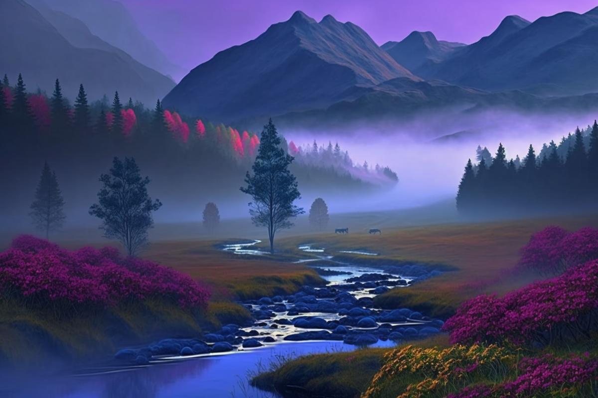 Peaceful landscape, freshness, streams and mountains, fog at dawn