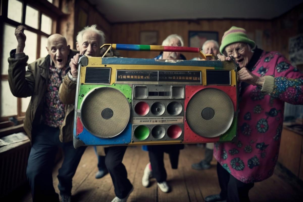 A broken huge colorful tape recorder, cheerful pensioners are desperately dancing