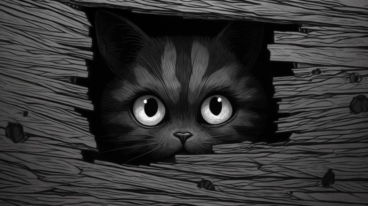 dark cat hiding from people around the corner, drawing