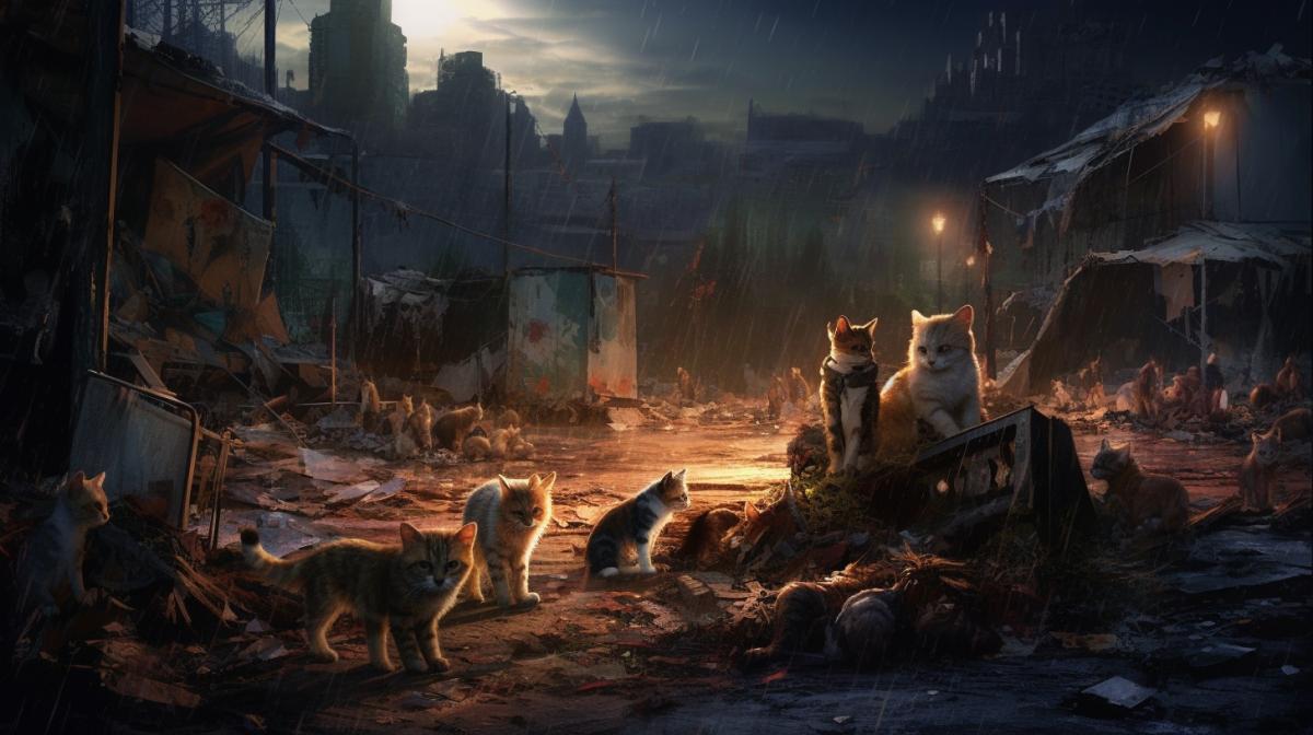 Stray cats roam the trash heaps. They roam there in search of business in the dark corners of a construction site that has not been completed somewhere, warming their bodies on radiators, ”