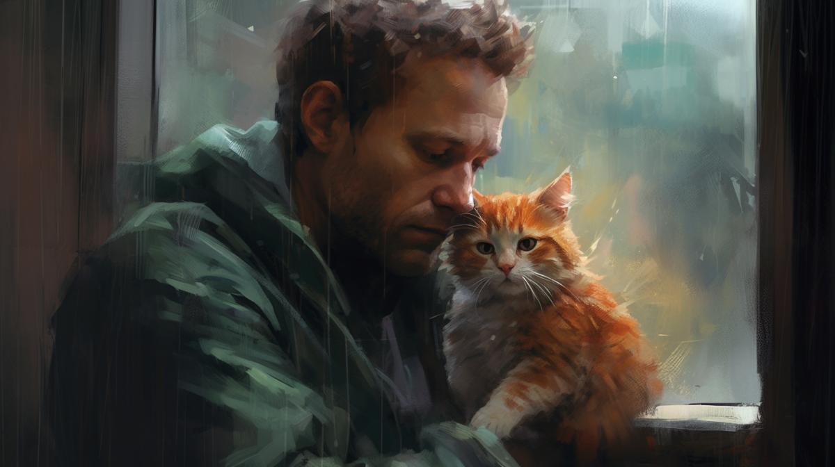 Man and cat crying at the window