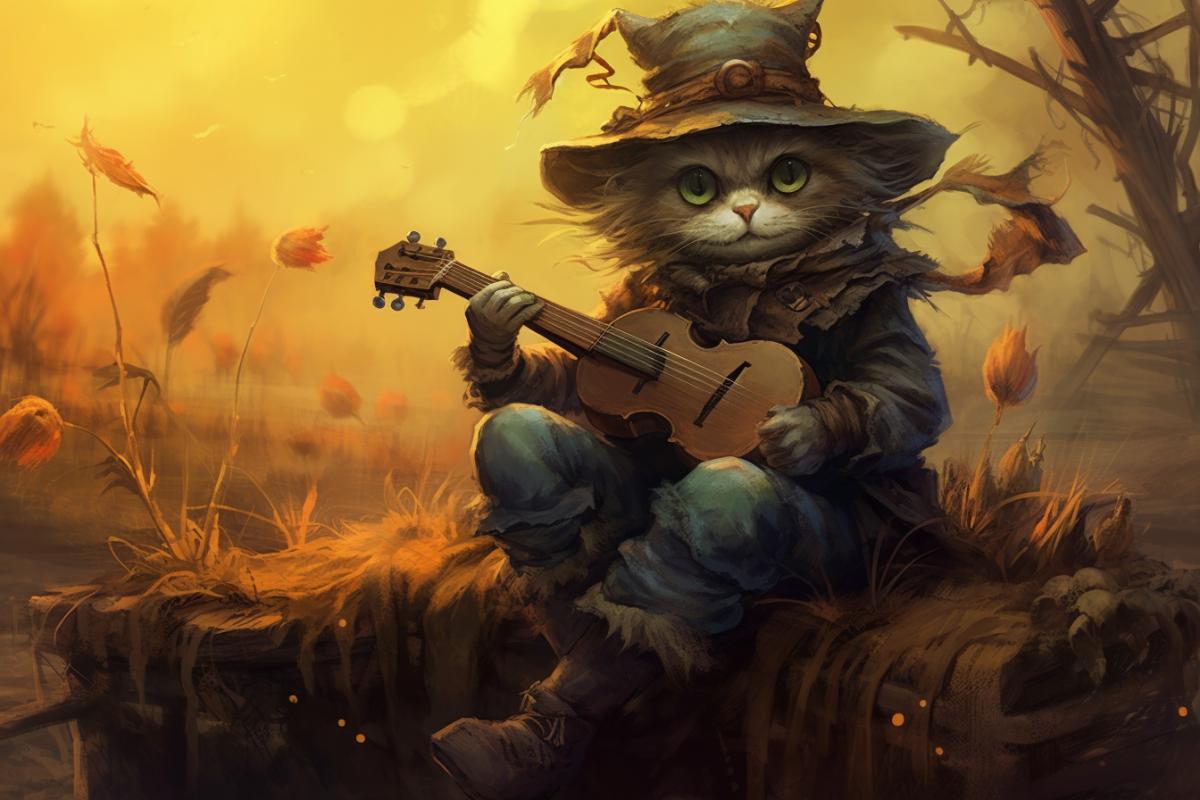A scarecrow of a dark meow was sitting on a pipe, a scarecrow of a meow was singing a song, drawing