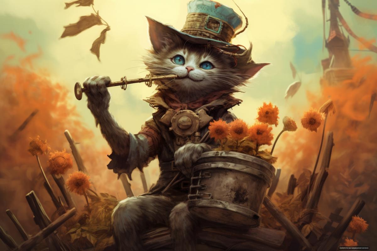 A scarecrow of a dark meow was sitting on a pipe, a scarecrow of a meow was singing a song, drawing