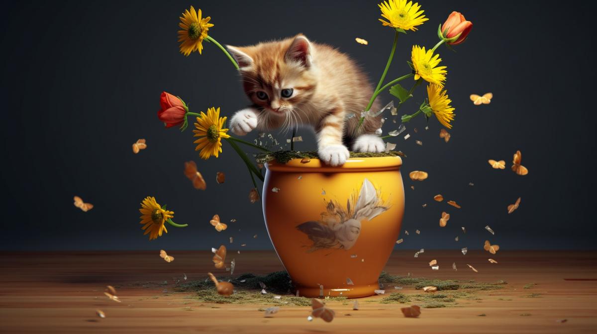 Kitten dropped and broke flower pot