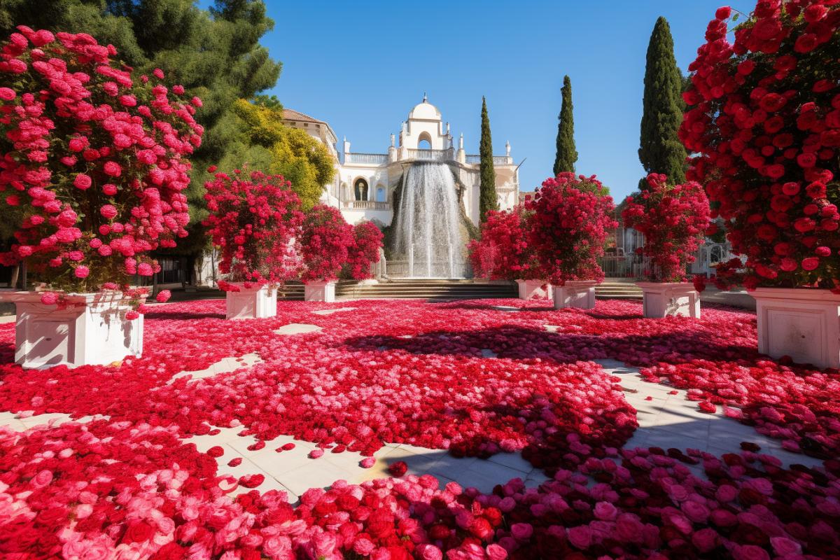 Square in a small southern town with thousands of cut scarlet roses