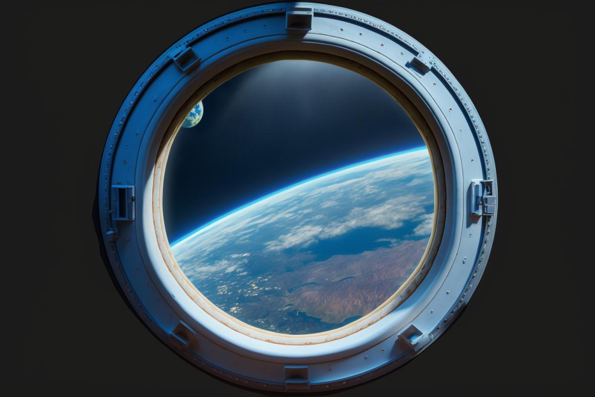 The earth is visible in the window of the spacecraft