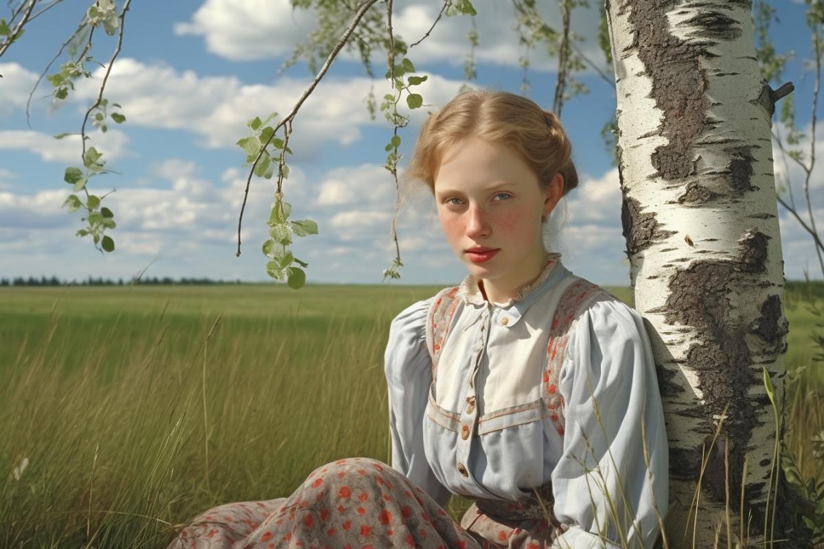 Sunny day, A young girl in a Russian slack of clothes sits under a birch in a field