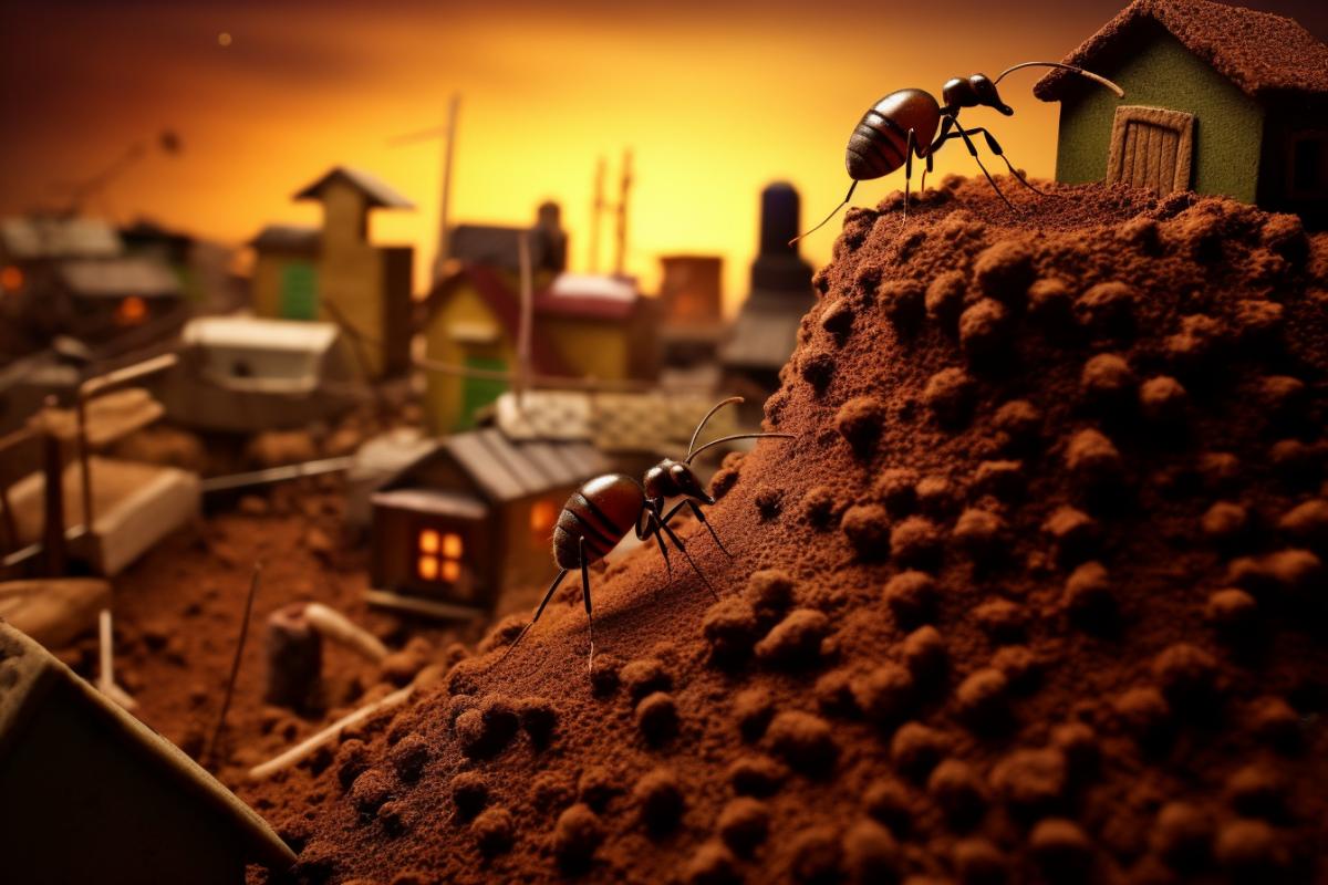 Ants in the anthill-city, close-up photo
