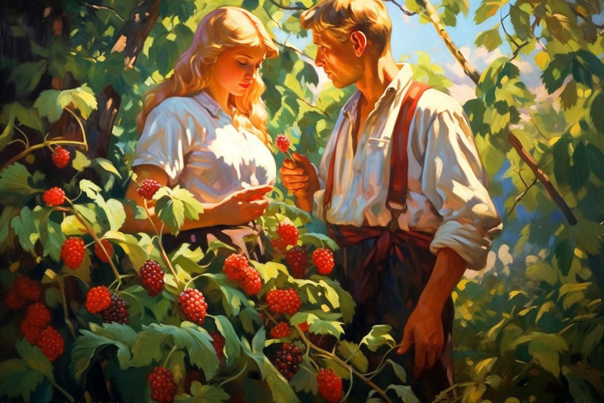 Sunny day, lovers A young girl in a Russian slack of clothes and a guy pick berries from the lush bushes of viburnum and raspberries in the garden
