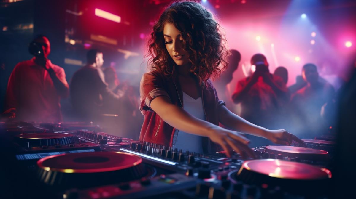 A nightclub, a DJ at the console with records, crowds of dancing young beautiful girls and boys in modern clothes, fun, joy, realistic photography, super detail, epic lighting, 8k.
