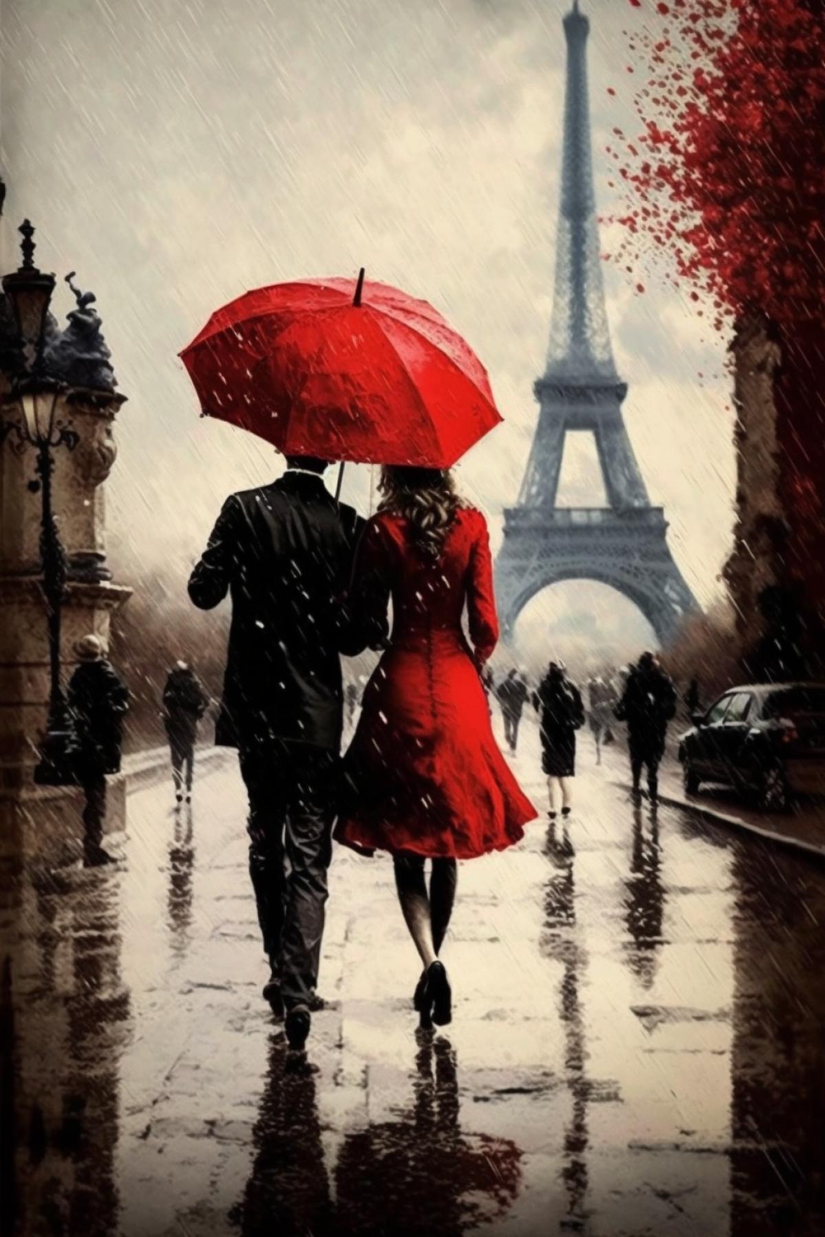 Romantic French music women with umbrella walking in Paris love kiss