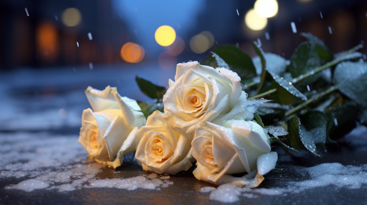 white roses on asphalt, its snowing, CG art speed