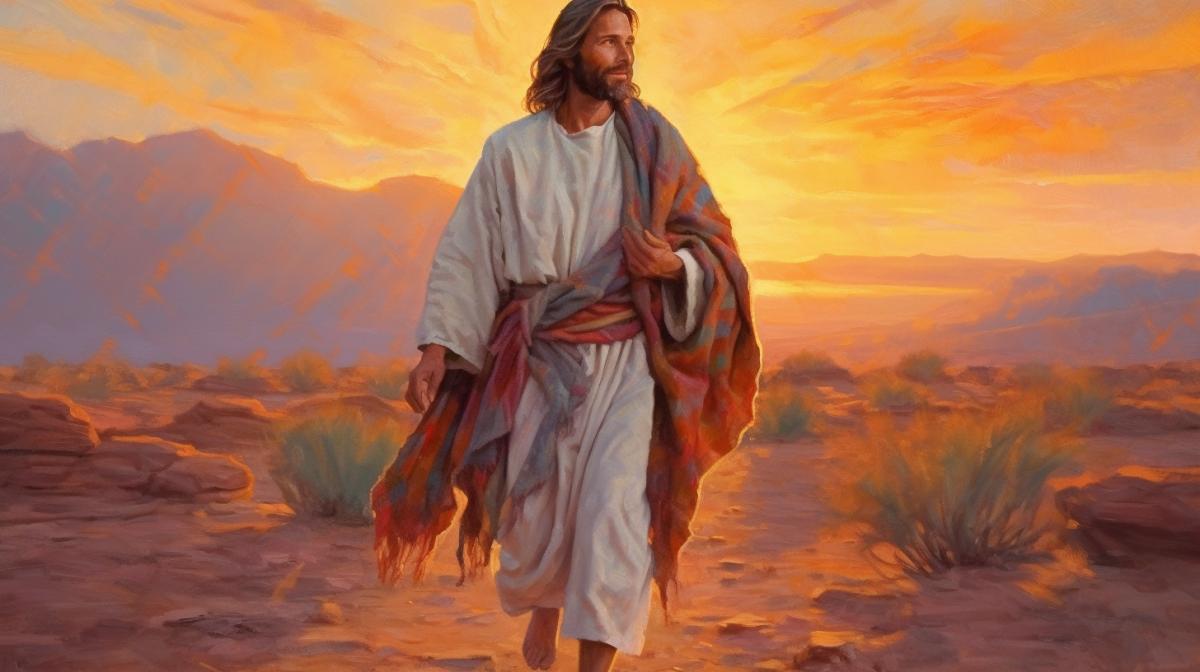 Jesus in rags walks through the desert and smiles, sunset, art