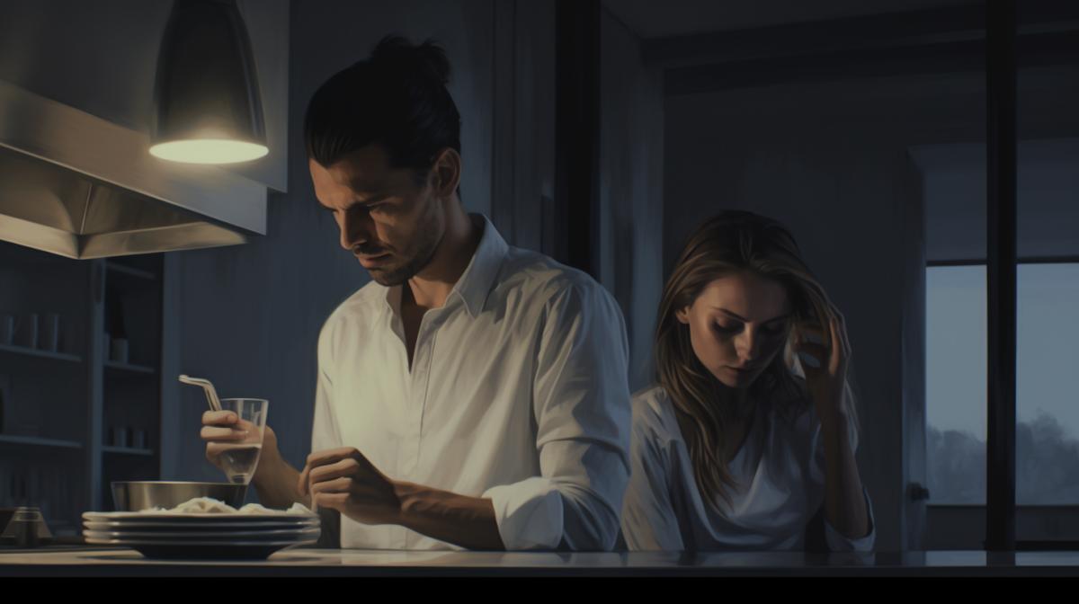 A guy and a girl in a modern white kitchen drink from dark dishes, resentment, dark dishes, white walls, art
