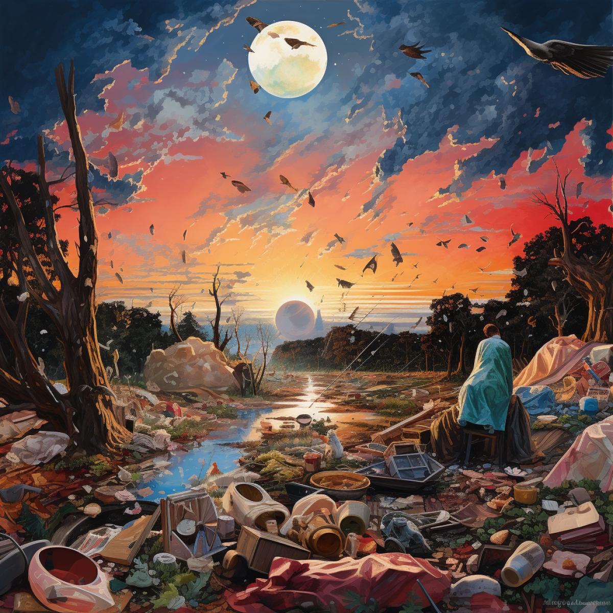 The mourning ball of the absurd world, the plastic world has won, the cardboard alarm rejoices, a slice of the July sky