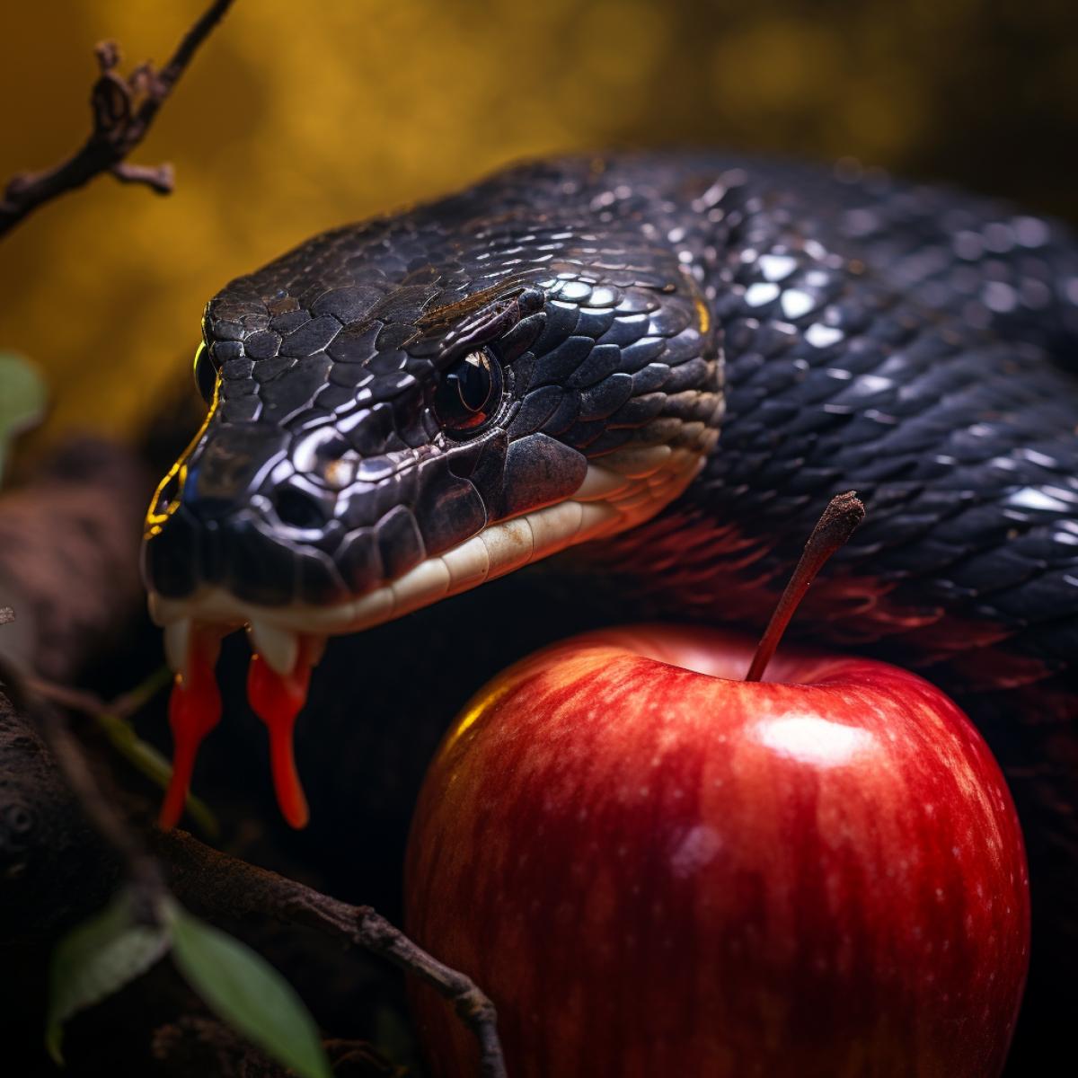 HD, 16k, high quality, clear feature realistic photo image of a dark snake colled around and hugging a red apple. An apple tree is the background of the picture. The image has a warm toned color palette. This captivating image is expertly com4kd using the Canon RF 50mm f/1.2L USM lens, known for exceptional sharpness and natural color reproduction