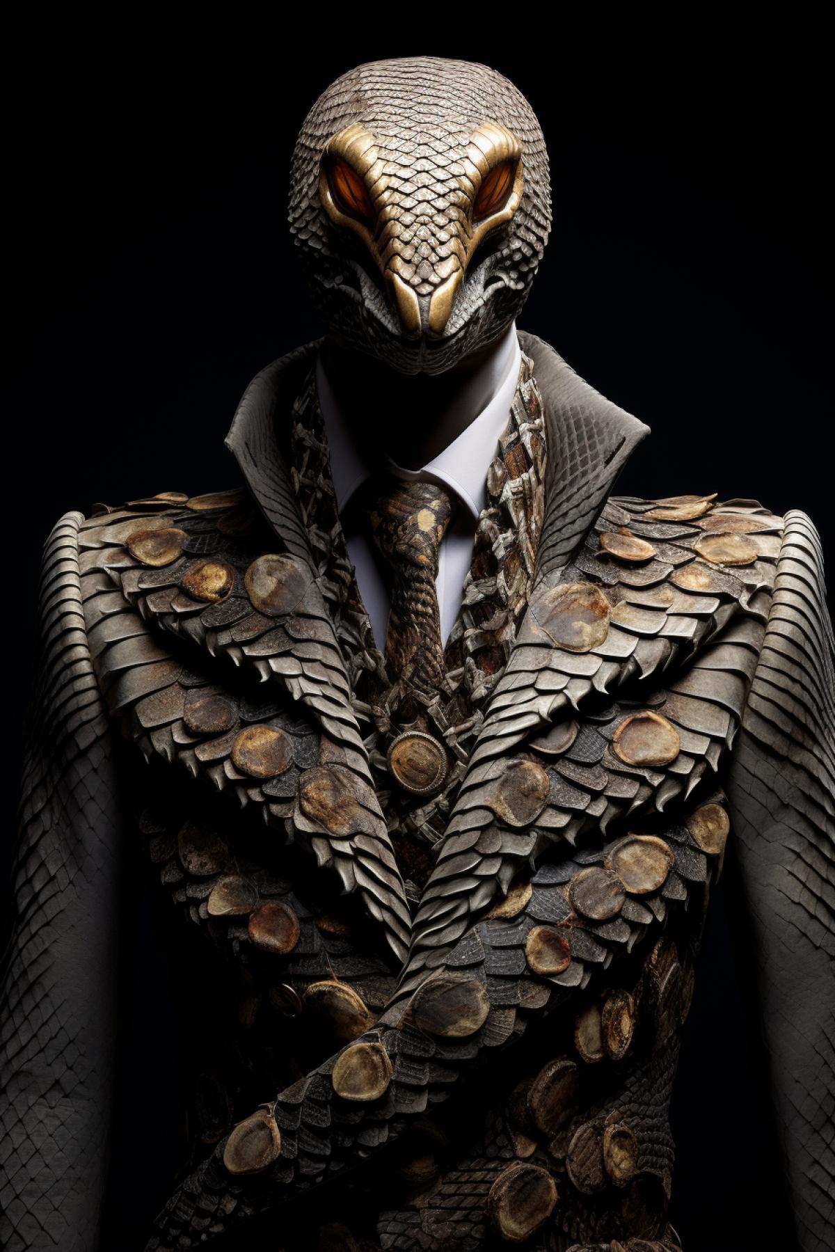 Image of a suit human snake model, e.g. charming, charismatic, captivating, magnetic, enigmatic, the pinnacle of high-end photography equipment, the most influential fashion trendsetters, the most iconic fashion label
