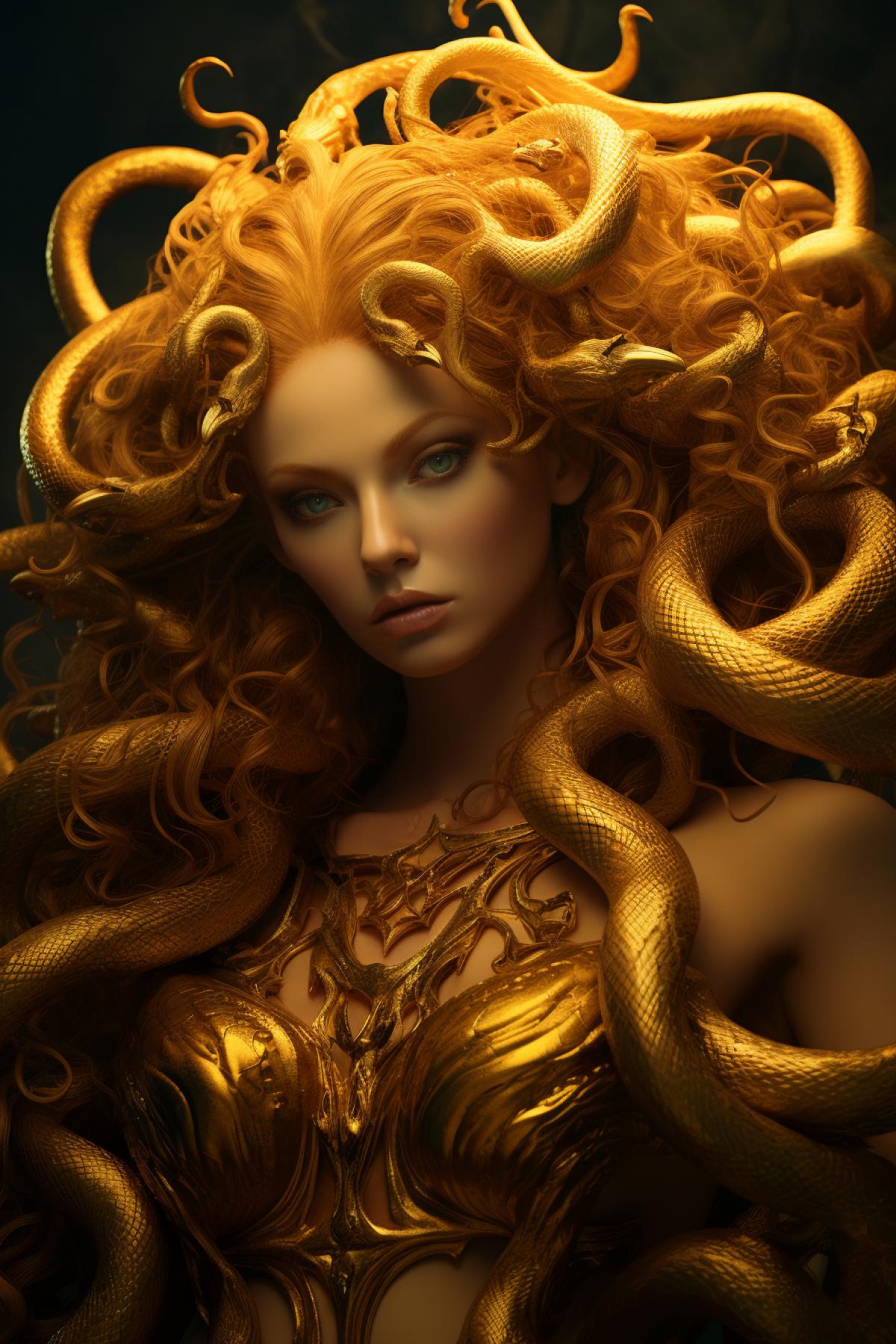 Medusa, classic Medusa, Medusa Greek Mythology, Beautiful, hair snakes gold color, hair made of snakes, snakes instead of hair, gold color snakes, eyes gold color, glowing gold eyes, eyes glowing gold light, glowing eyes, realistic, pretty, realistic skin texture, super model, super detailed, real, lifelike, supermodel, headshot, 50mm face portrait photography, dark background, real,