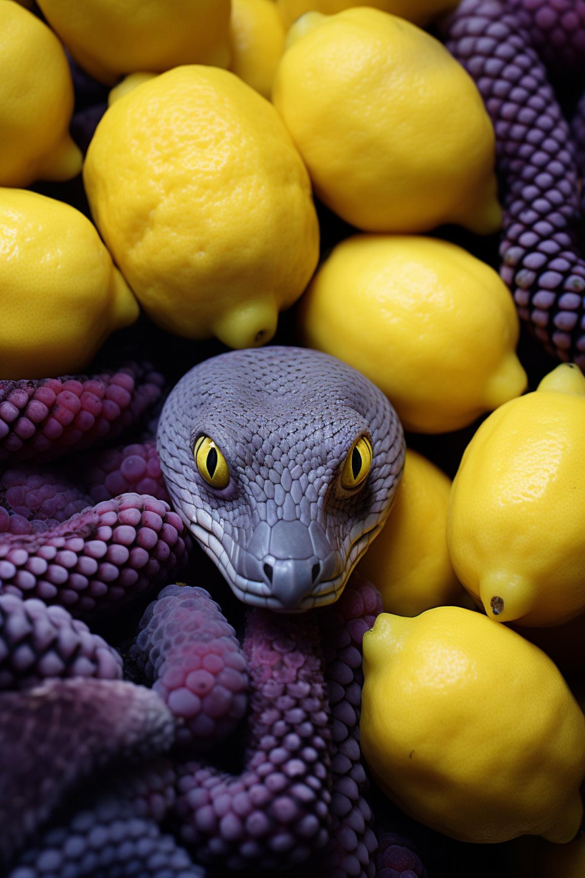 a close up of a bunch of lemons and a snake, a pastel, flickr, terrifying!!!, desktop wallpaper, purple and yellow, an ultra realistic