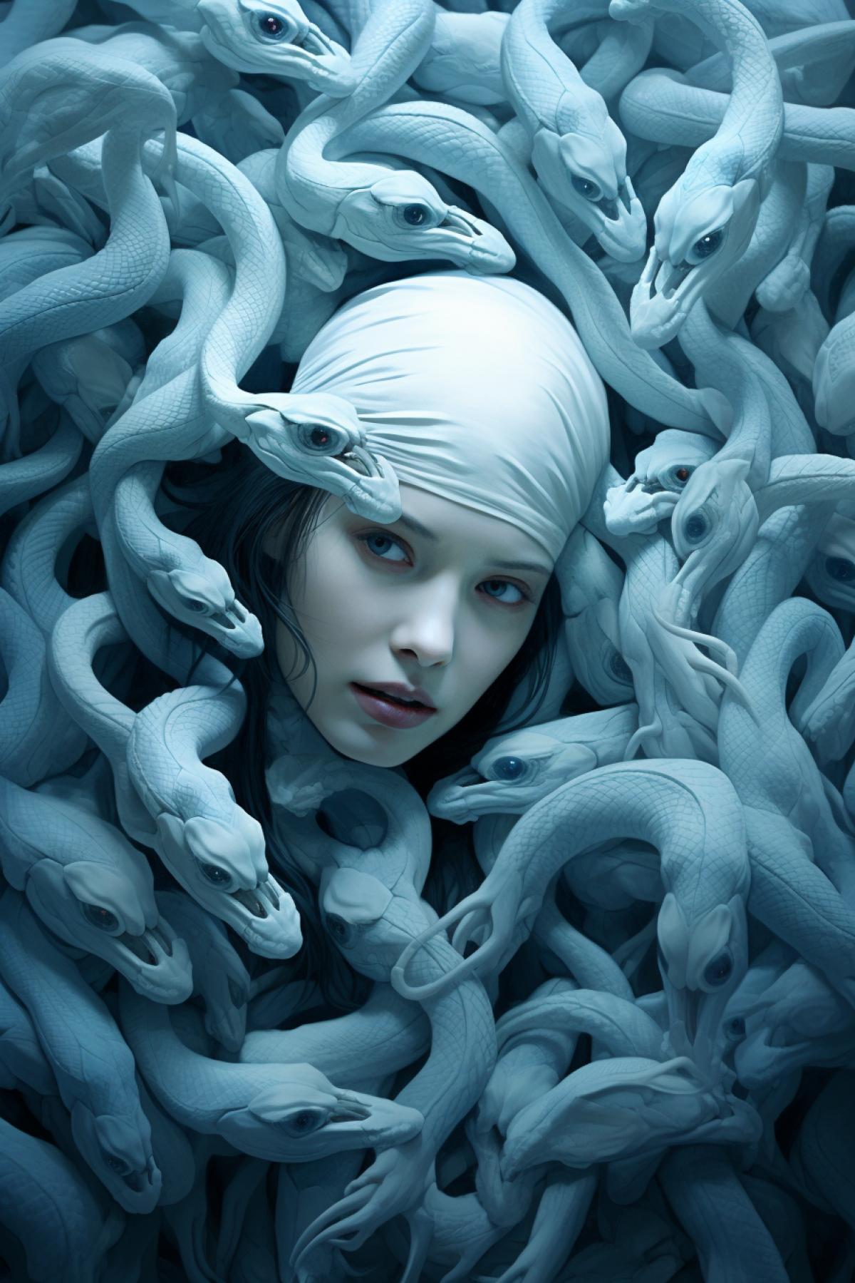 a painting of a woman surrounded by snakes, inspired by Dino Valls, painting of white human figures, white head, marc adamus, wayne barlowe pierre pellegrini