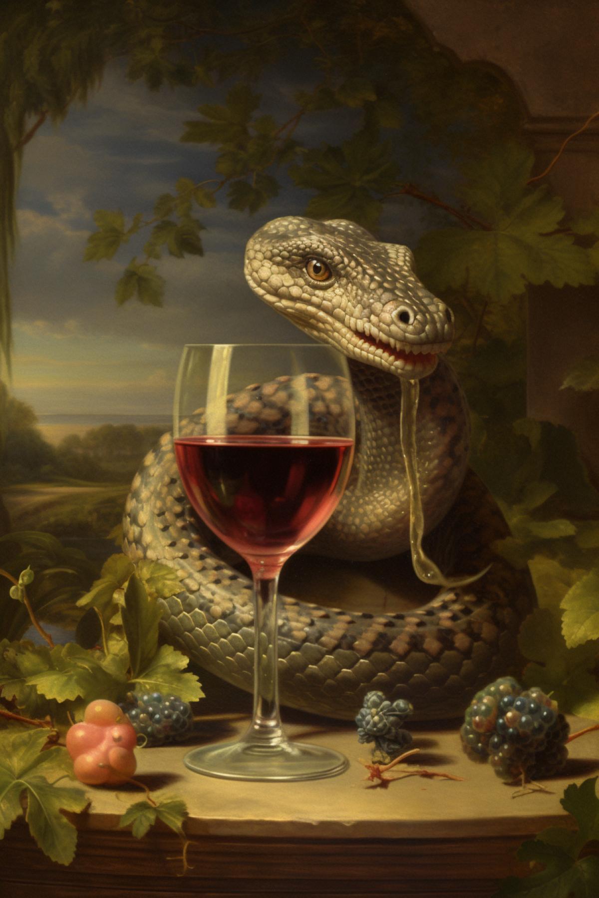 A snake around a glof wine, Victorian style
