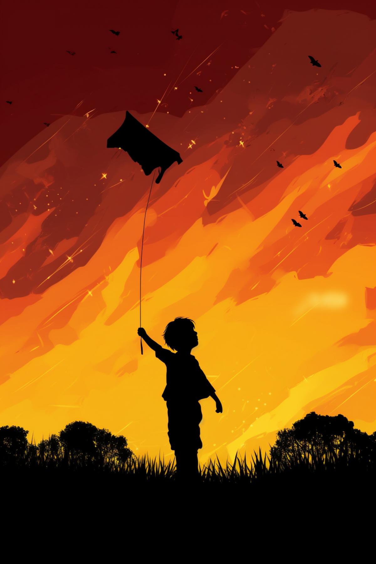 Silhouette of a boy flying a kite in the form of a kite