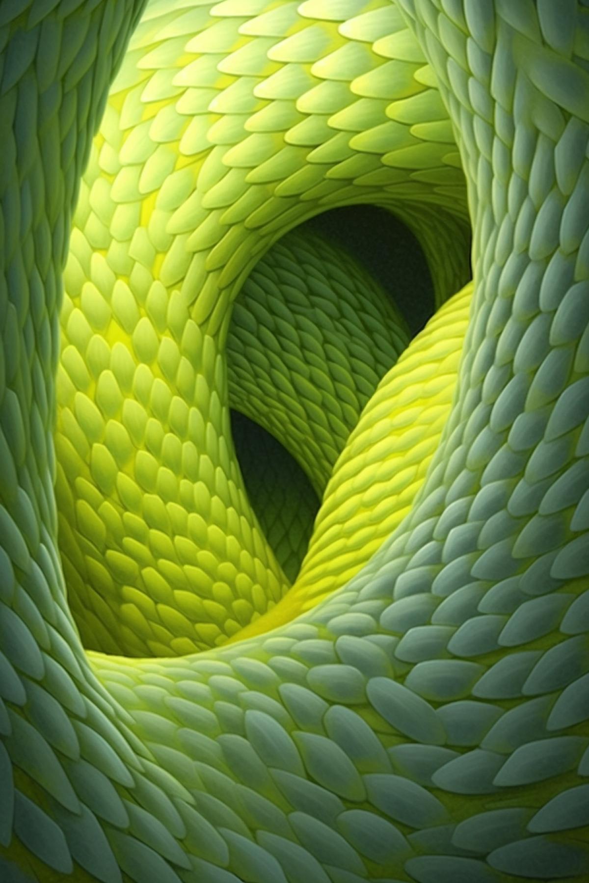 a green and yellow snake sitting inside of a tunnel, a surrealist painting, optical illusion, amazing wallpaper, serpent body